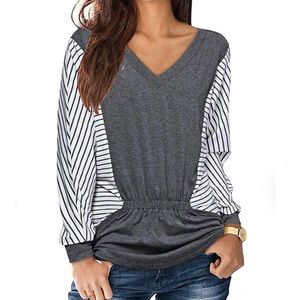 NWT Ouges Grey & White Stripe Color-Block Cinch Waist Long Sleeve Top Medium